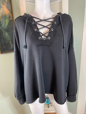 Aerie XXL Black Lace-Up French Terry Sweatshirt Cropped Oversized XXLarge Womens